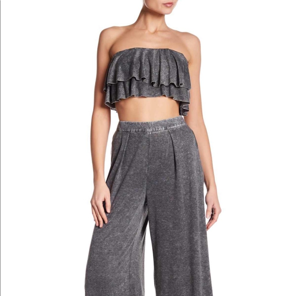 Classy two piece Mustard Seed high waisted pants featuring ruffle Crop top s